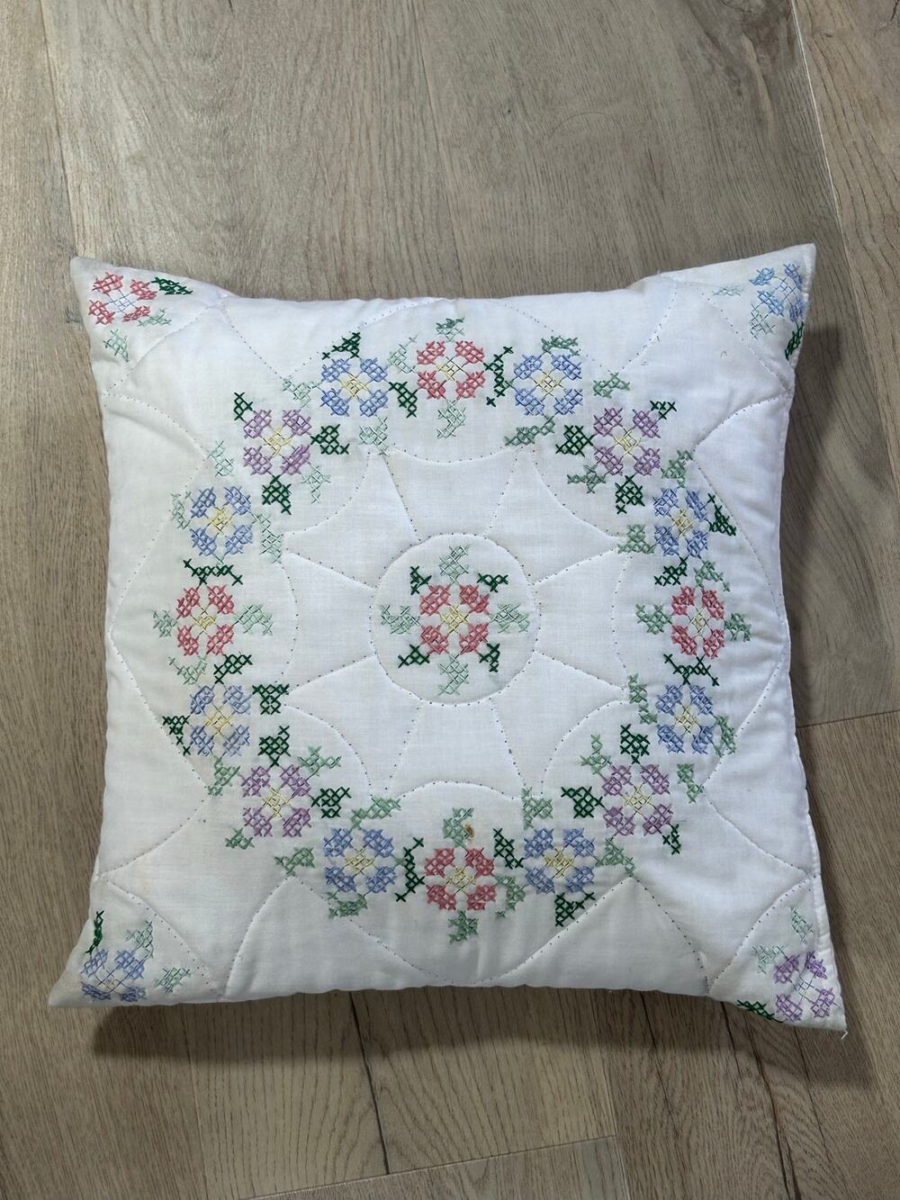 Handmade Cross Stitch Floral Quilted Throw Pillow 16x16 Cottagecore VTG Style